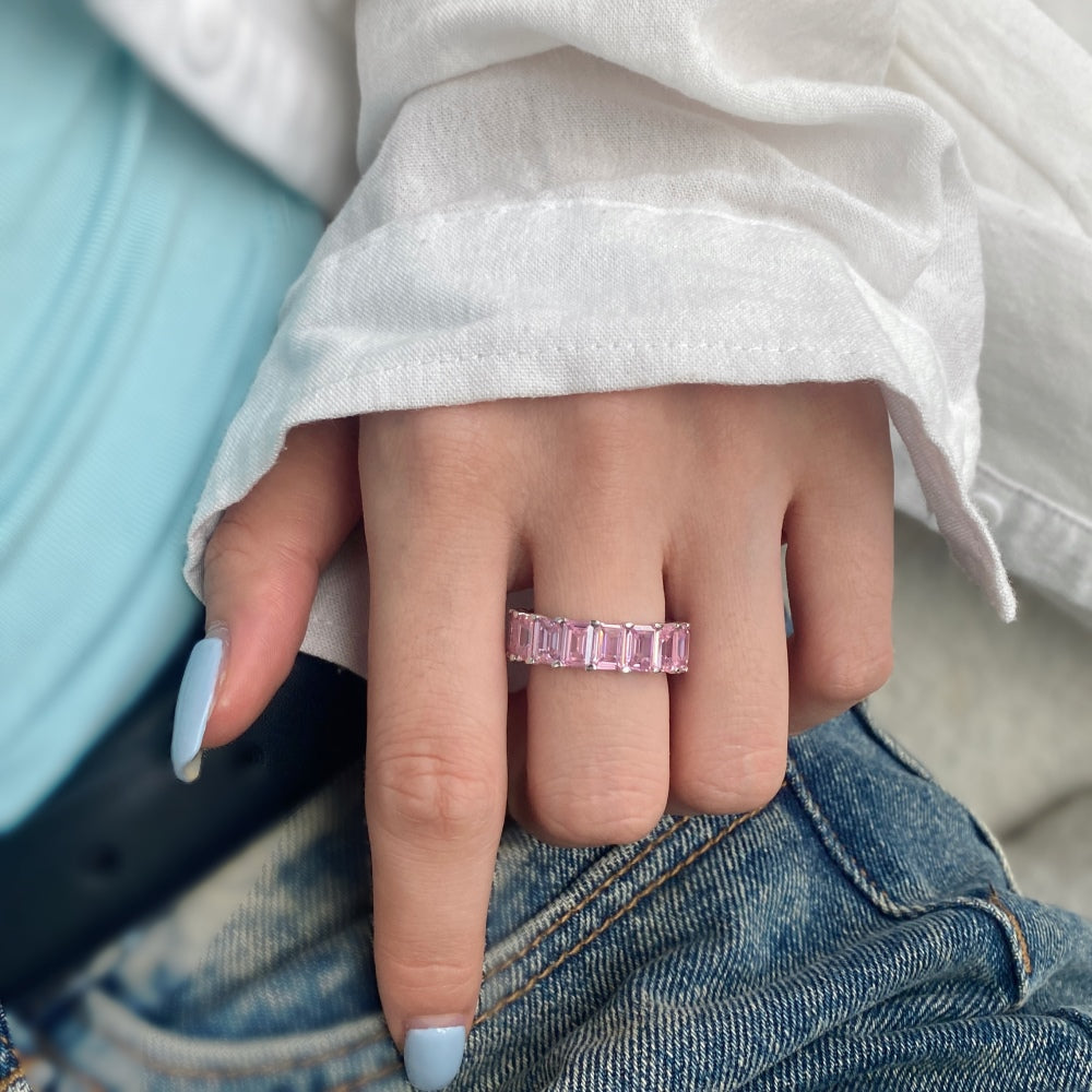 Silver Zircon Emerald Cut Wrapped Inlaid Wedding Ring