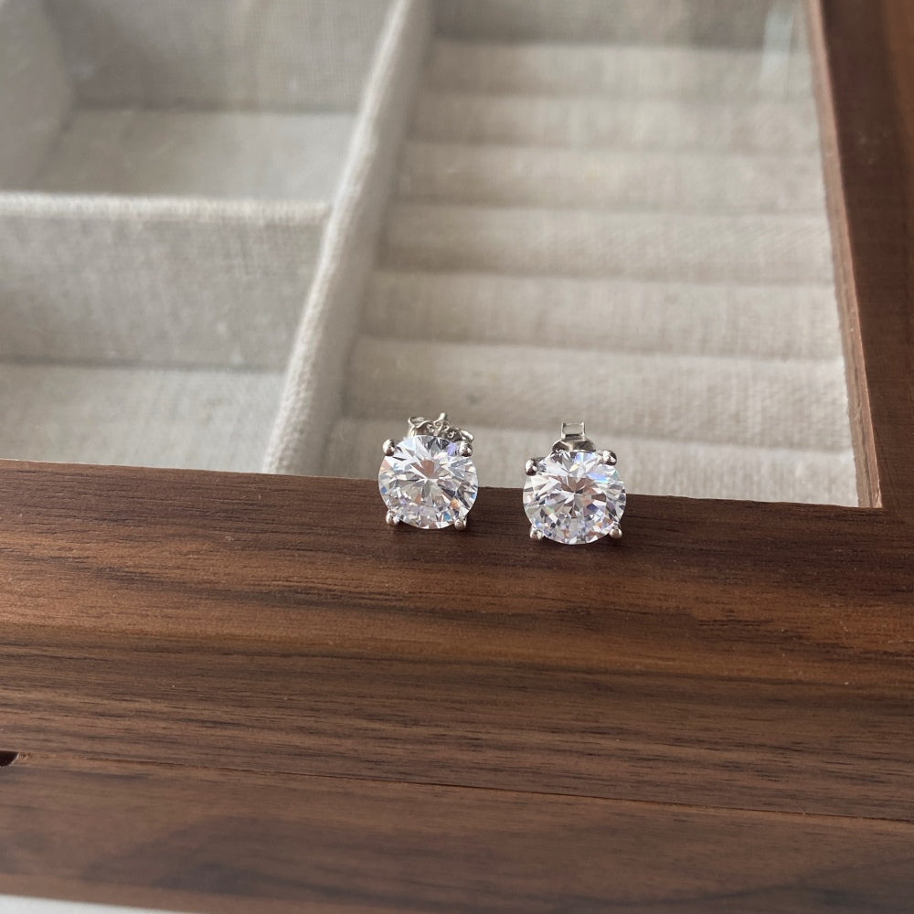 Silver Zircon Round Cut Wrapped Ear Studs