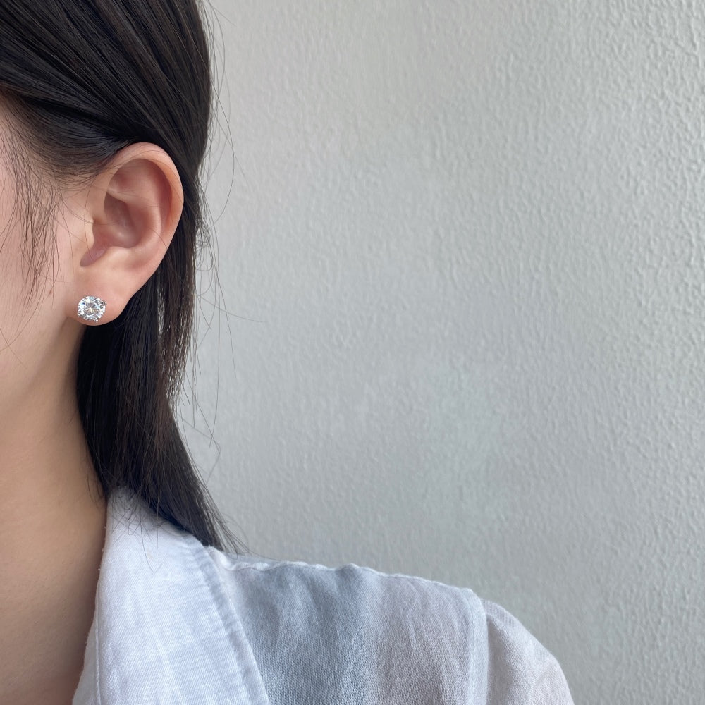 Silver Zircon Round Cut Wrapped Ear Studs