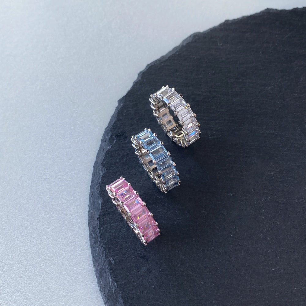 Silver Zircon Emerald Cut Wrapped Inlaid Wedding Ring