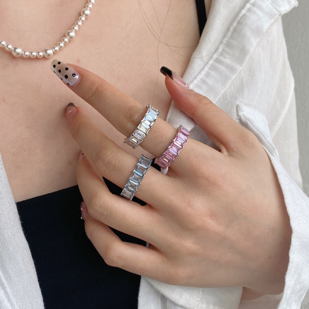 Silver Zircon Emerald Cut Wrapped Inlaid Wedding Ring