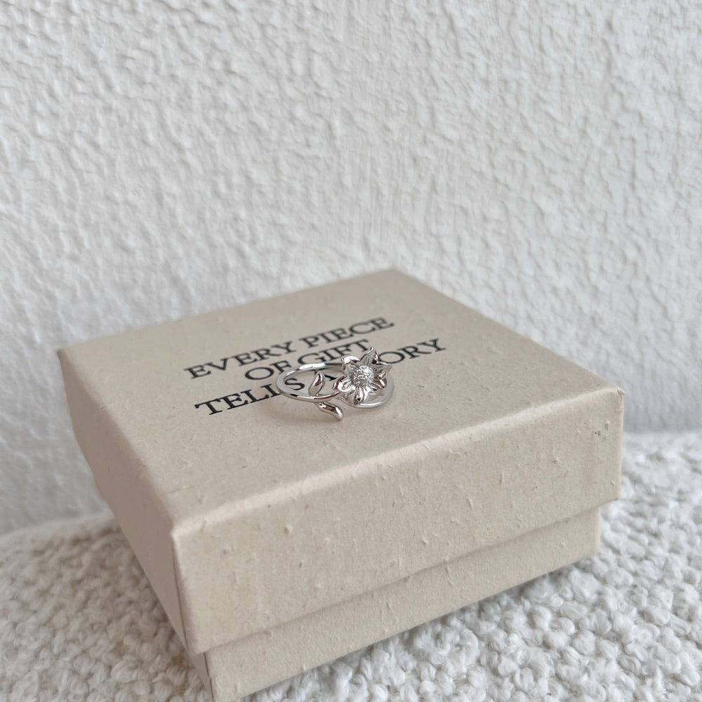 Silver Zircon Round Cut Open Twisted Flower Bypass Ring