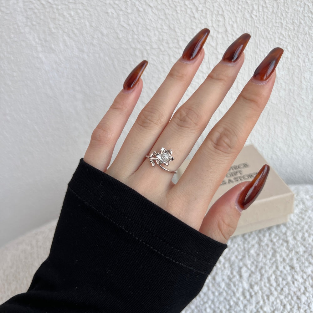 Silver Zircon Round Cut Open Twisted Flower Bypass Ring