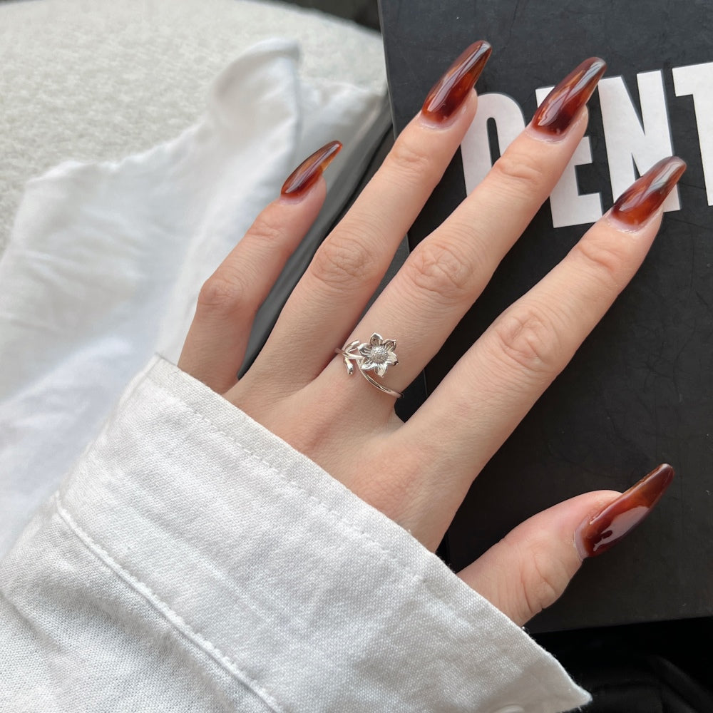 Silver Zircon Round Cut Open Twisted Flower Bypass Ring