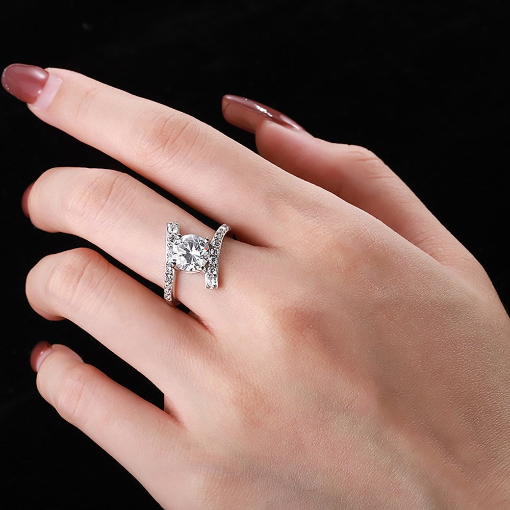 Silver Zircon Round Cut Twisted Solitaire Bypass Ring