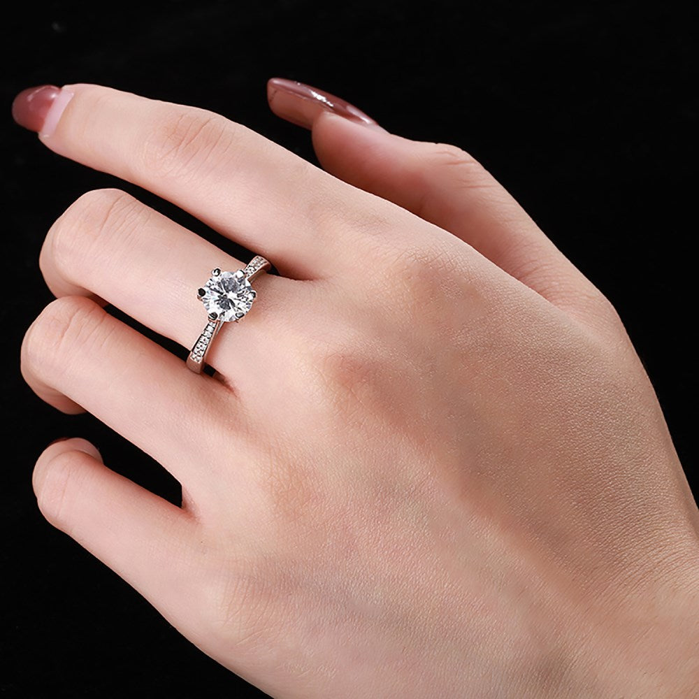 Silver Zircon Round Cut Inlaid Layered Flower Solitaire Ring