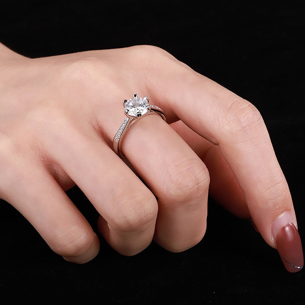 Silver Zircon Round Cut Inlaid Layered Flower Solitaire Ring