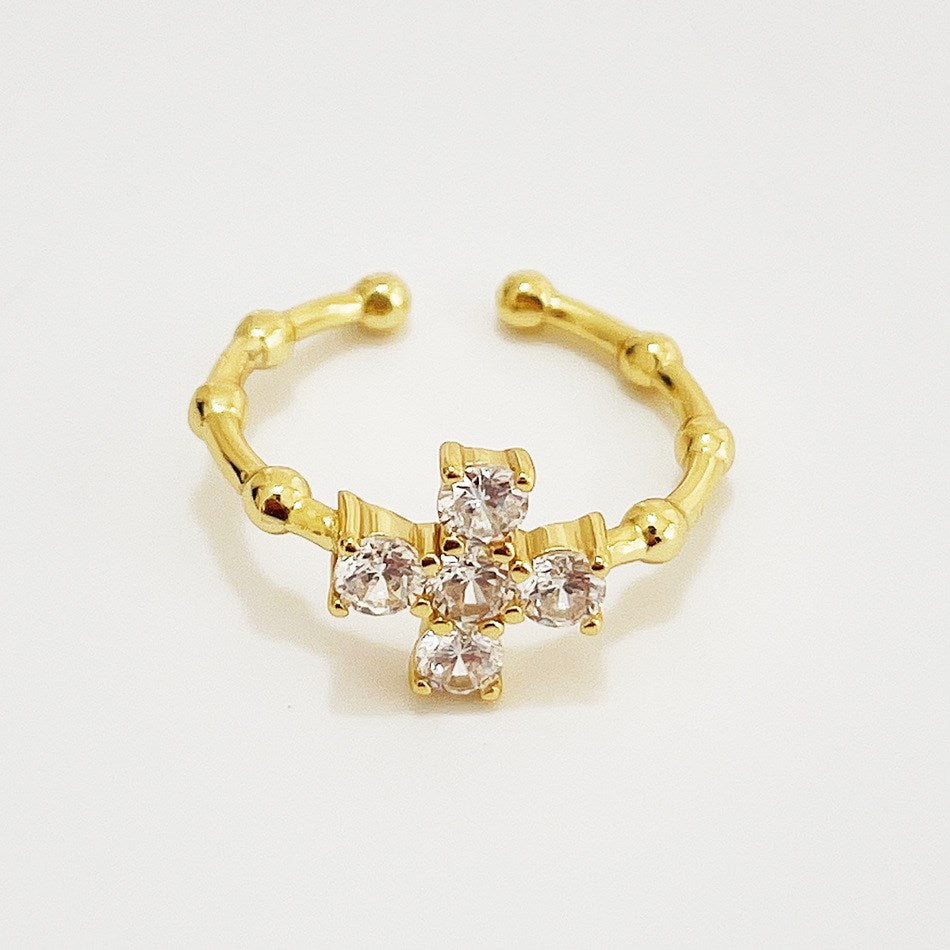 Silver Zircon Round Cut Open Cross Dainty Ring