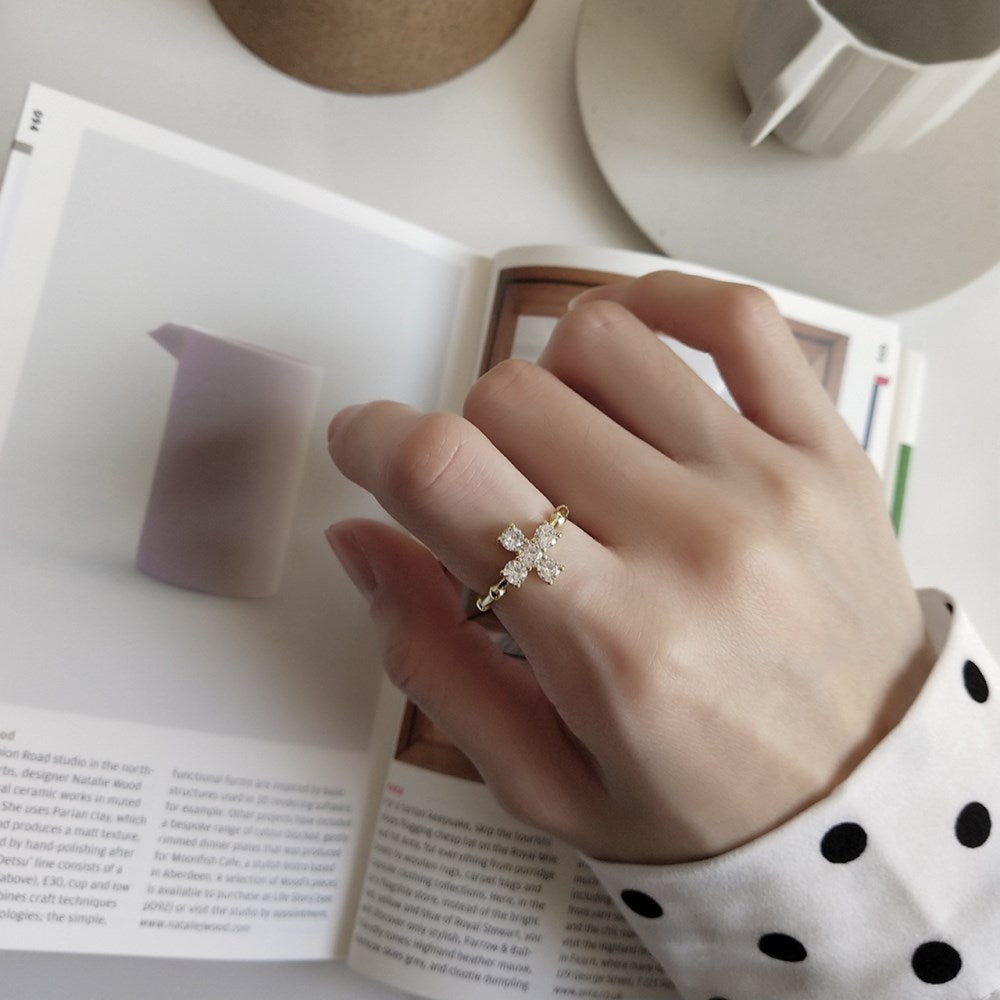 Silver Zircon Round Cut Open Cross Dainty Ring