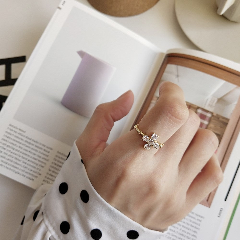 Silver Zircon Round Cut Open Cross Dainty Ring