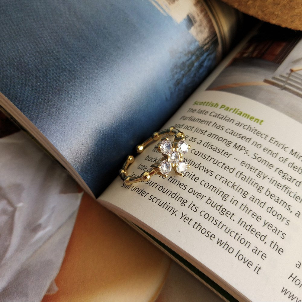 Silver Zircon Round Cut Open Cross Dainty Ring