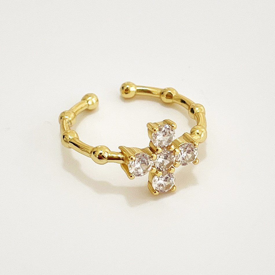 Silver Zircon Round Cut Open Cross Dainty Ring