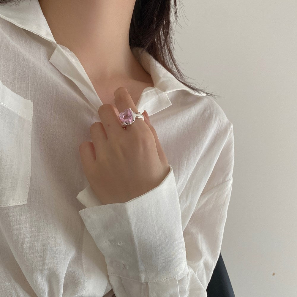 Silver Zircon Heart Cut Twisted Solitaire Ring