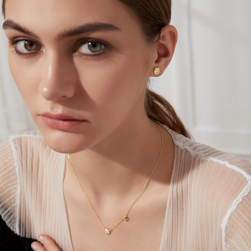 Silver Zircon Round Cut Hexagon Ear Studs