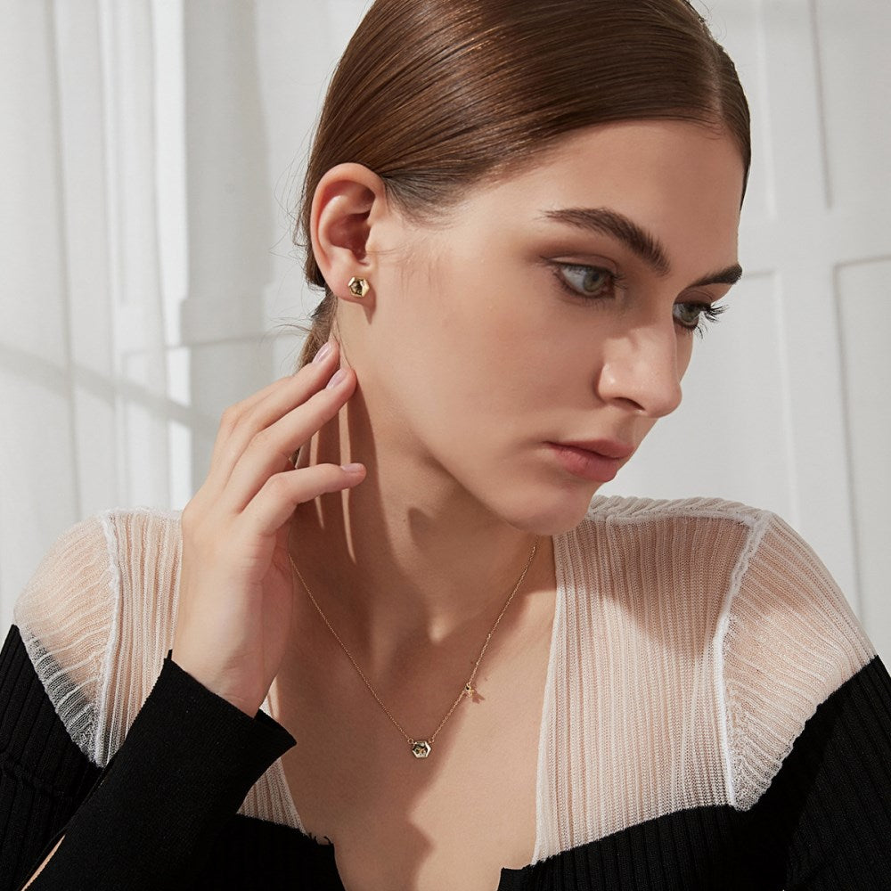 Silver Zircon Round Cut Hexagon Ear Studs