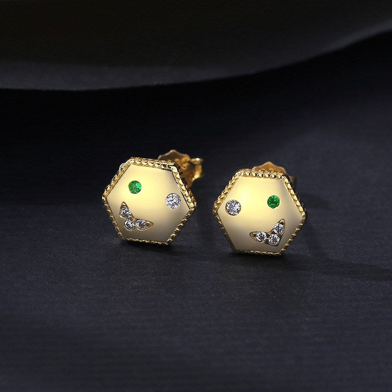 Silver Zircon Round Cut Hexagon Ear Studs