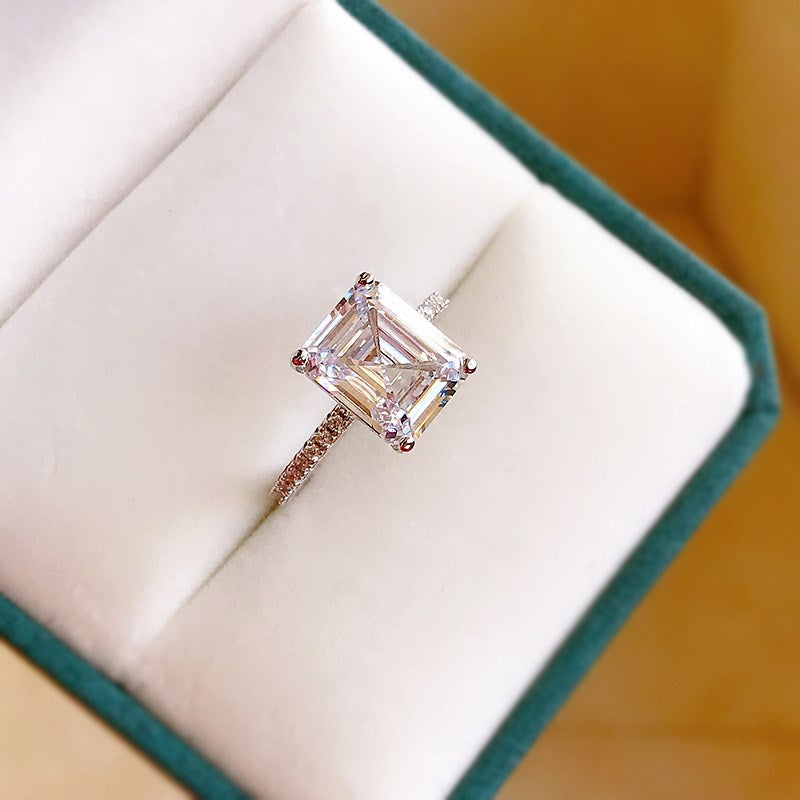 Silver Zircon Emerald Cut Iced Inlaid Solitaire Ring