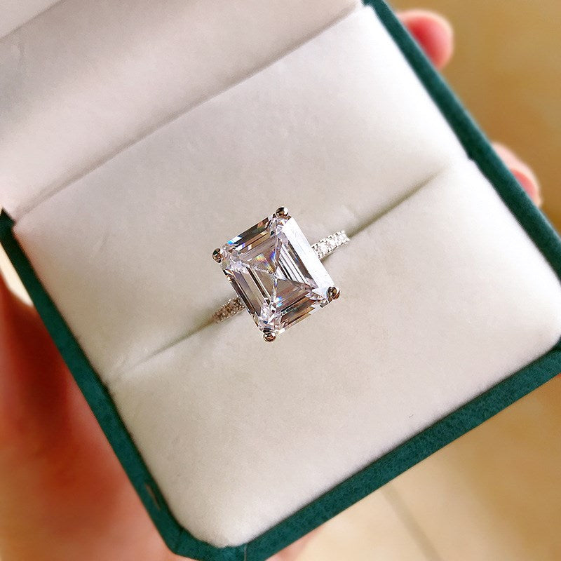 Silver Zircon Emerald Cut Iced Inlaid Solitaire Ring