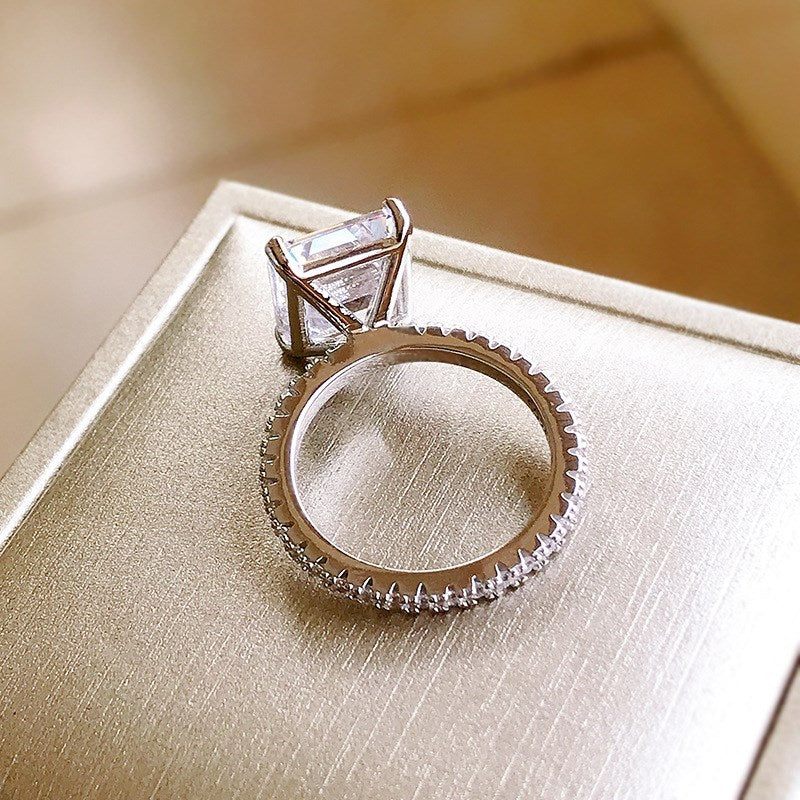 Silver Zircon Emerald Cut Iced Inlaid Solitaire Ring