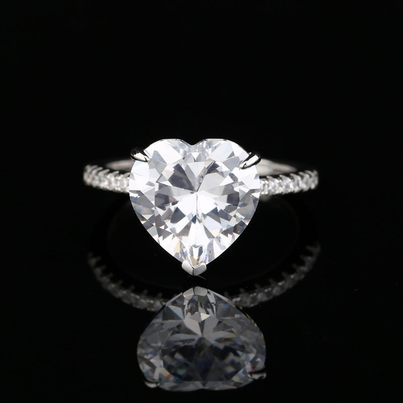 Silver Zircon Heart Cut Iced Inlaid Solitaire Ring