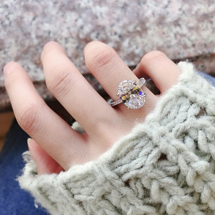 Silver Zircon Oval Cut Big Inlaid Solitaire Ring