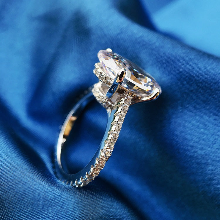 Silver Zircon Oval Cut Big Inlaid Solitaire Ring