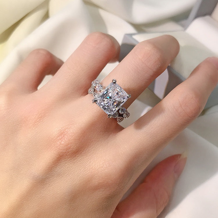 Silver Zircon Radiant Cut Squared Solitaire Ring