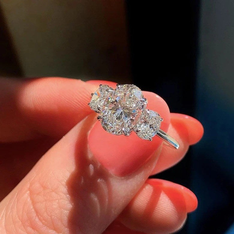 Silver Zircon Oval Cut Inlaid Trilogy Three Stone Ring