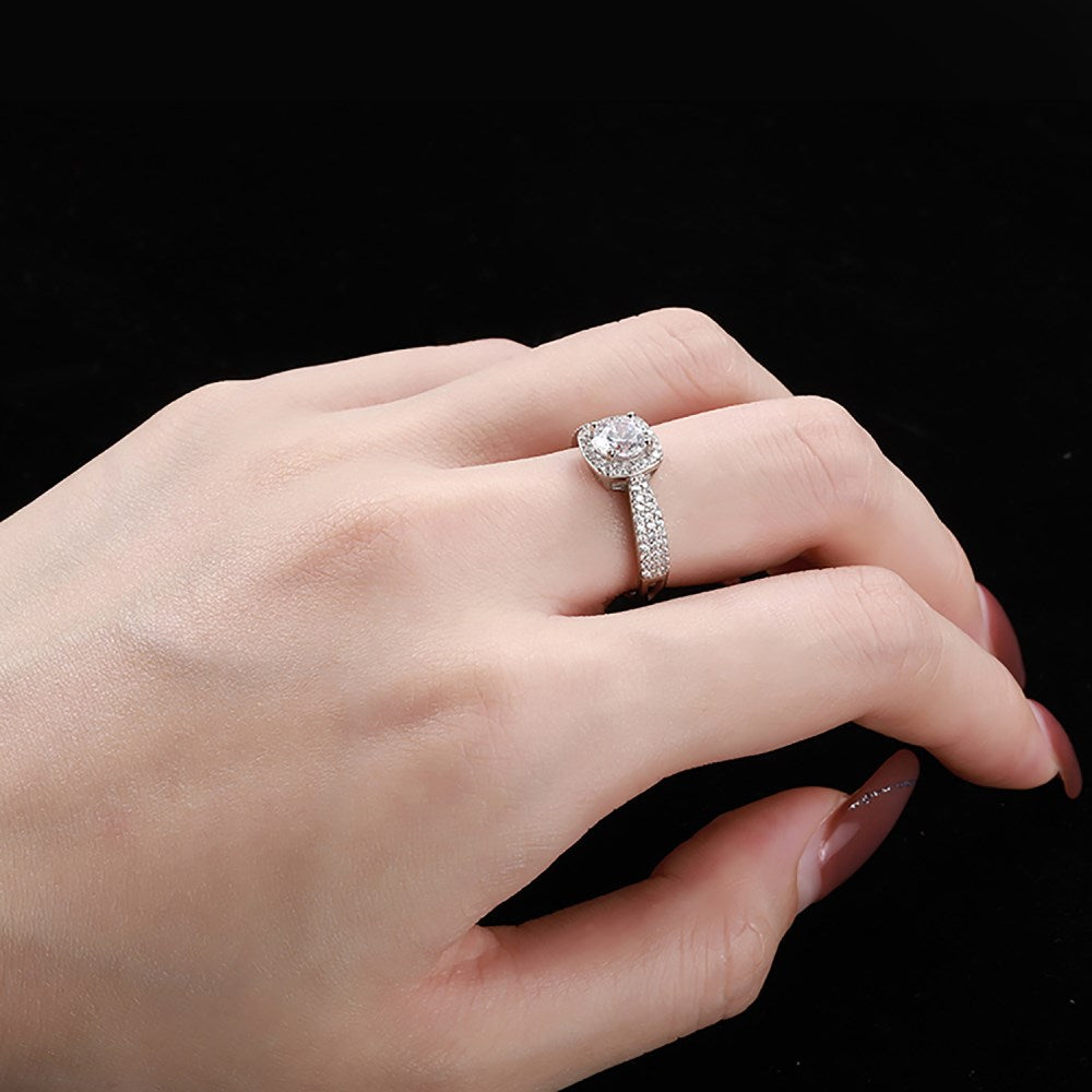 Silver Zircon Cushion Square Cut Iced Twisted Curved Halo Ring