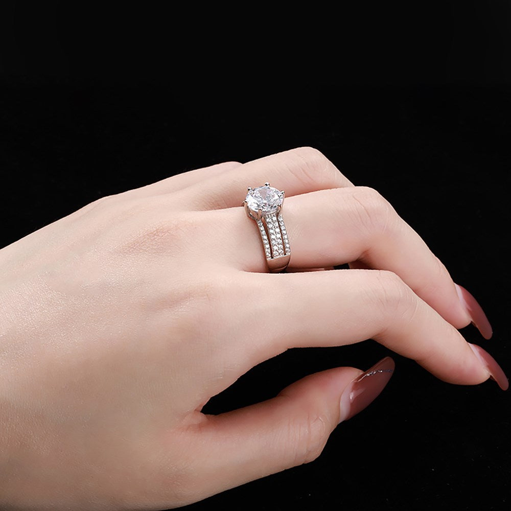 Silver Zircon Round Cut Multi Layer Iced Flower Solitaire Ring