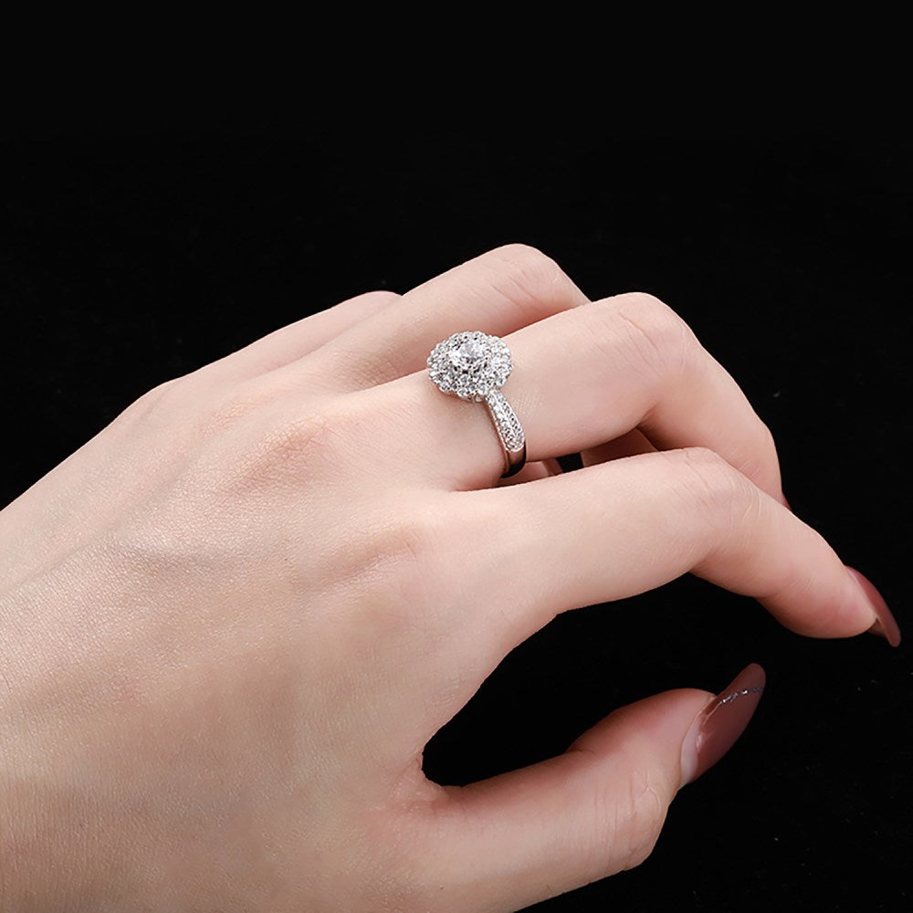 Silver Zircon Round Cut Iced Flower Halo Ring
