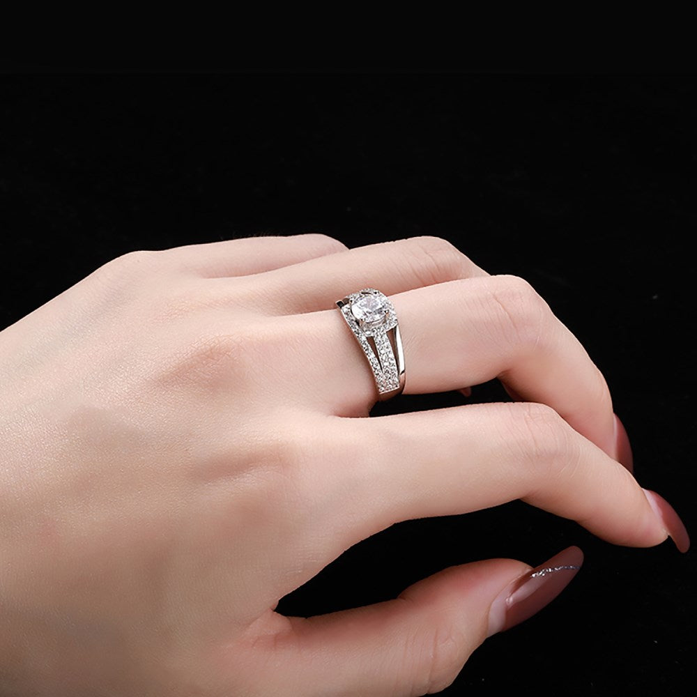 Silver Zircon Cushion Square Cut Brushed Inlaid Solitaire Ring