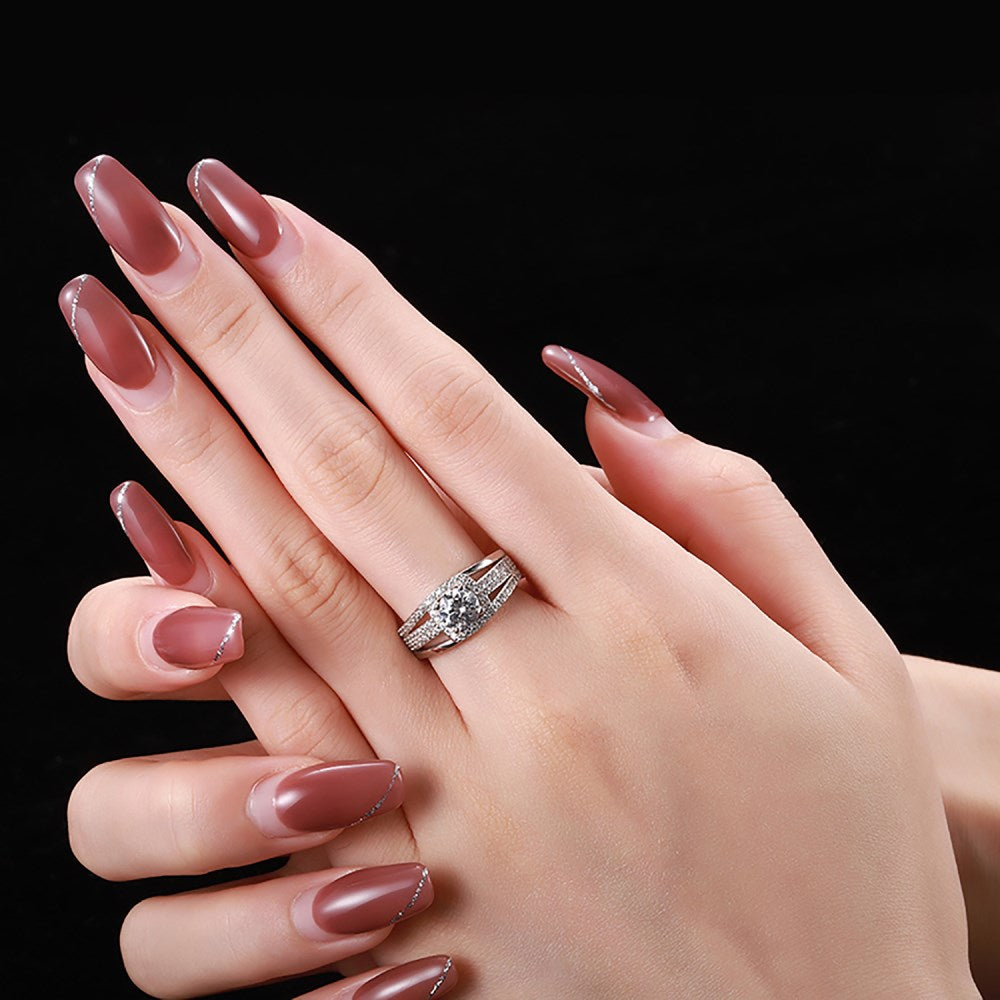 Silver Zircon Cushion Square Cut Brushed Inlaid Solitaire Ring