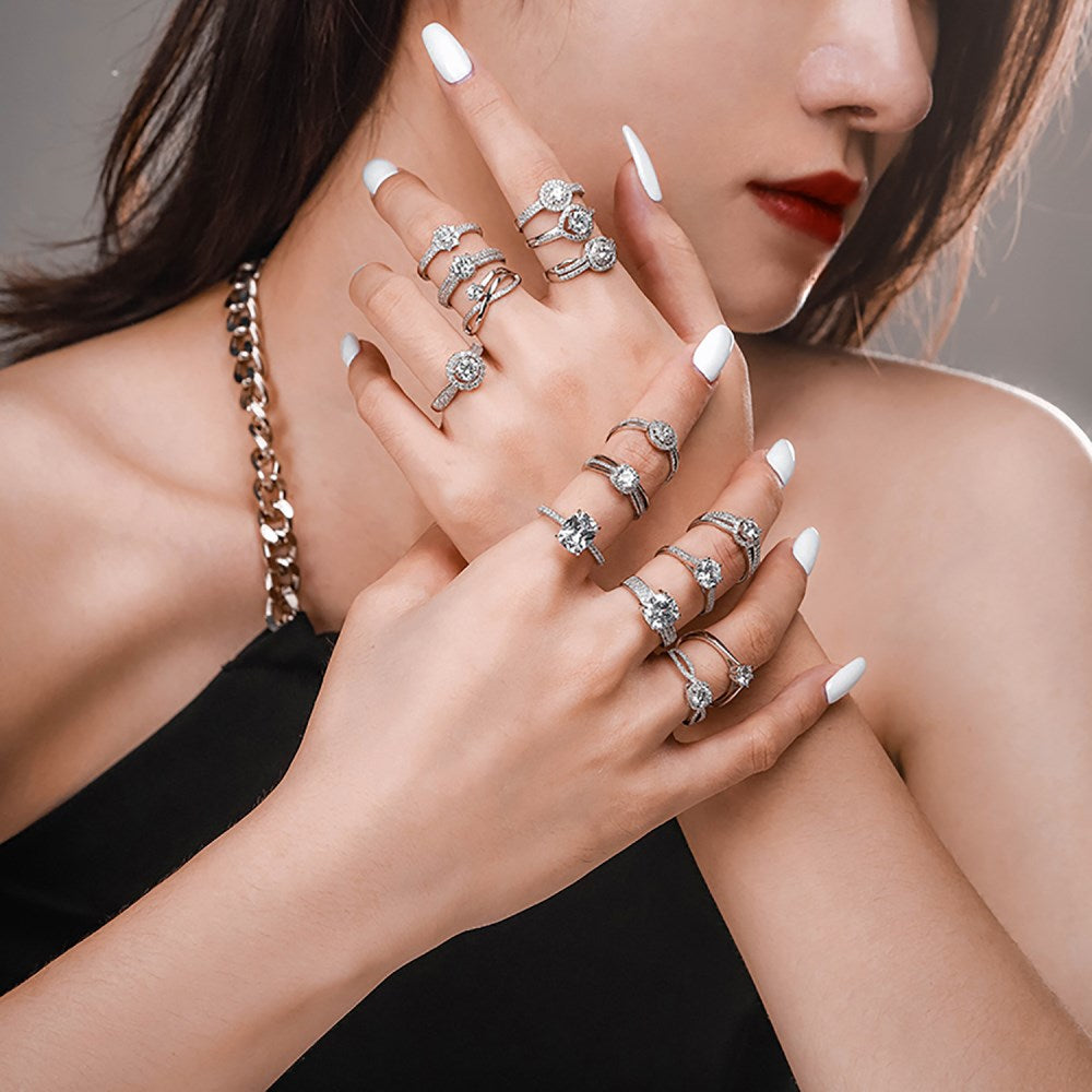 Silver Zircon Round Cut Inlaid Multi Layer Halo Ring