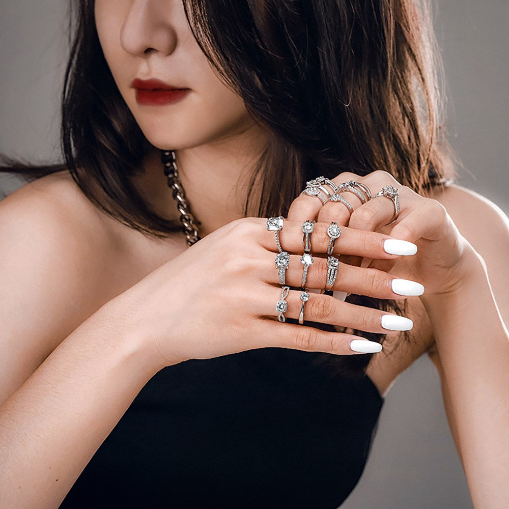 Silver Zircon Round Cut Inlaid Multi Layer Halo Ring