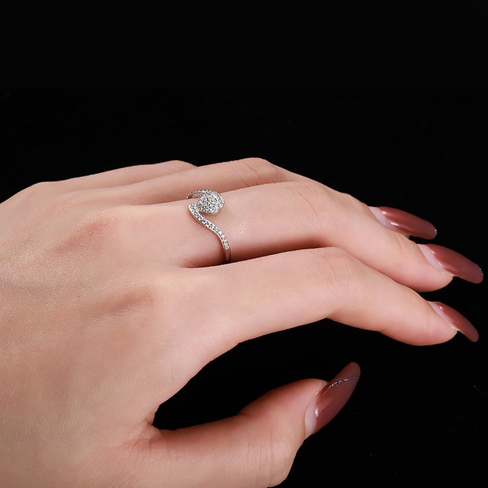 Silver Zircon Round Cut Twisted Iced Heart Bypass Ring