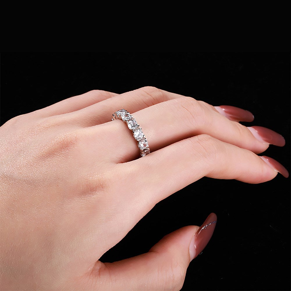 Silver Zircon Round Cut Wrapped Box Eternity Ring