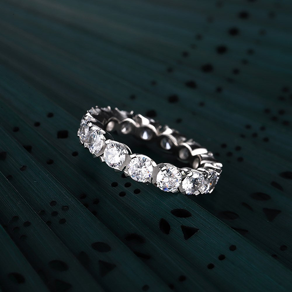Silver Zircon Round Cut Wrapped Box Eternity Ring