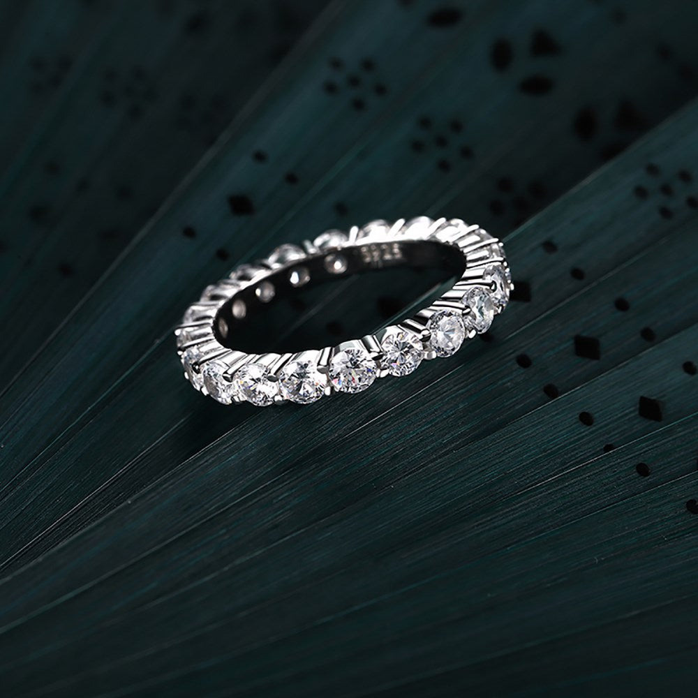 Silver Zircon Round Cut Inlaid Layered Eternity Ring