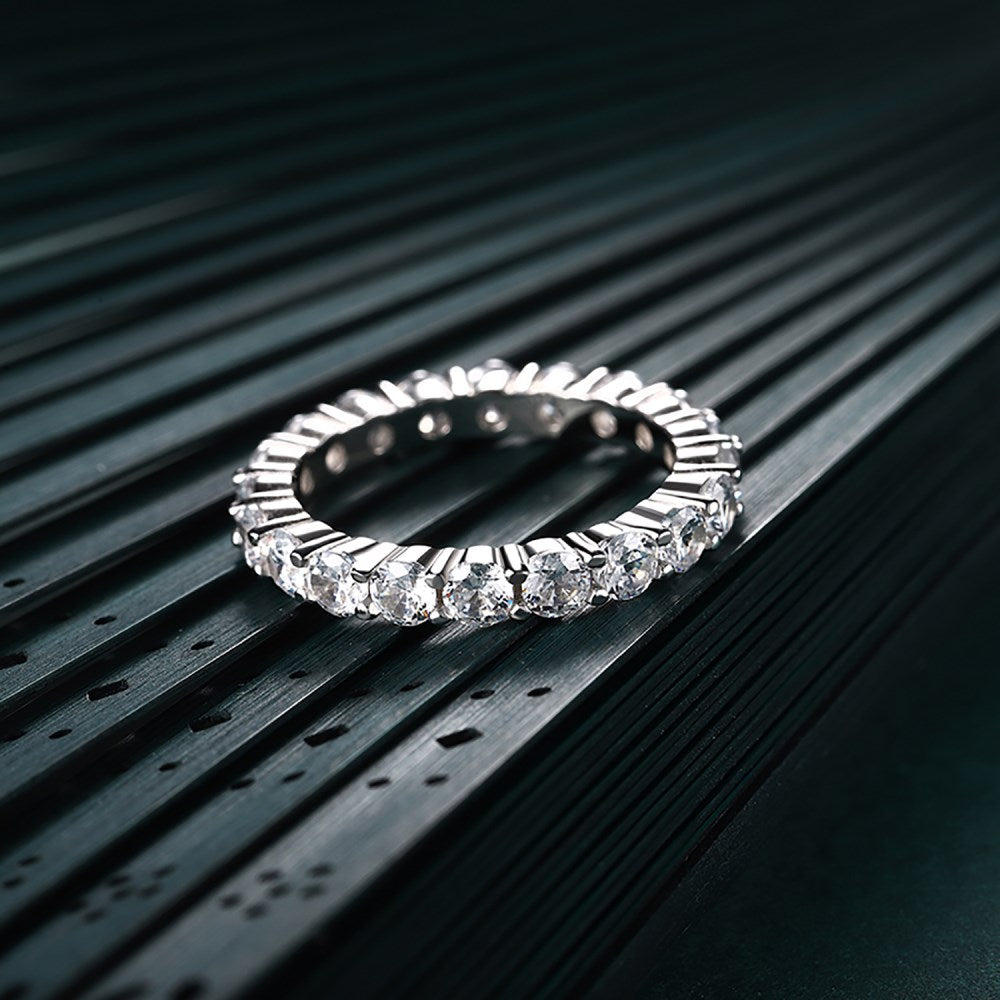 Silver Zircon Round Cut Inlaid Layered Eternity Ring