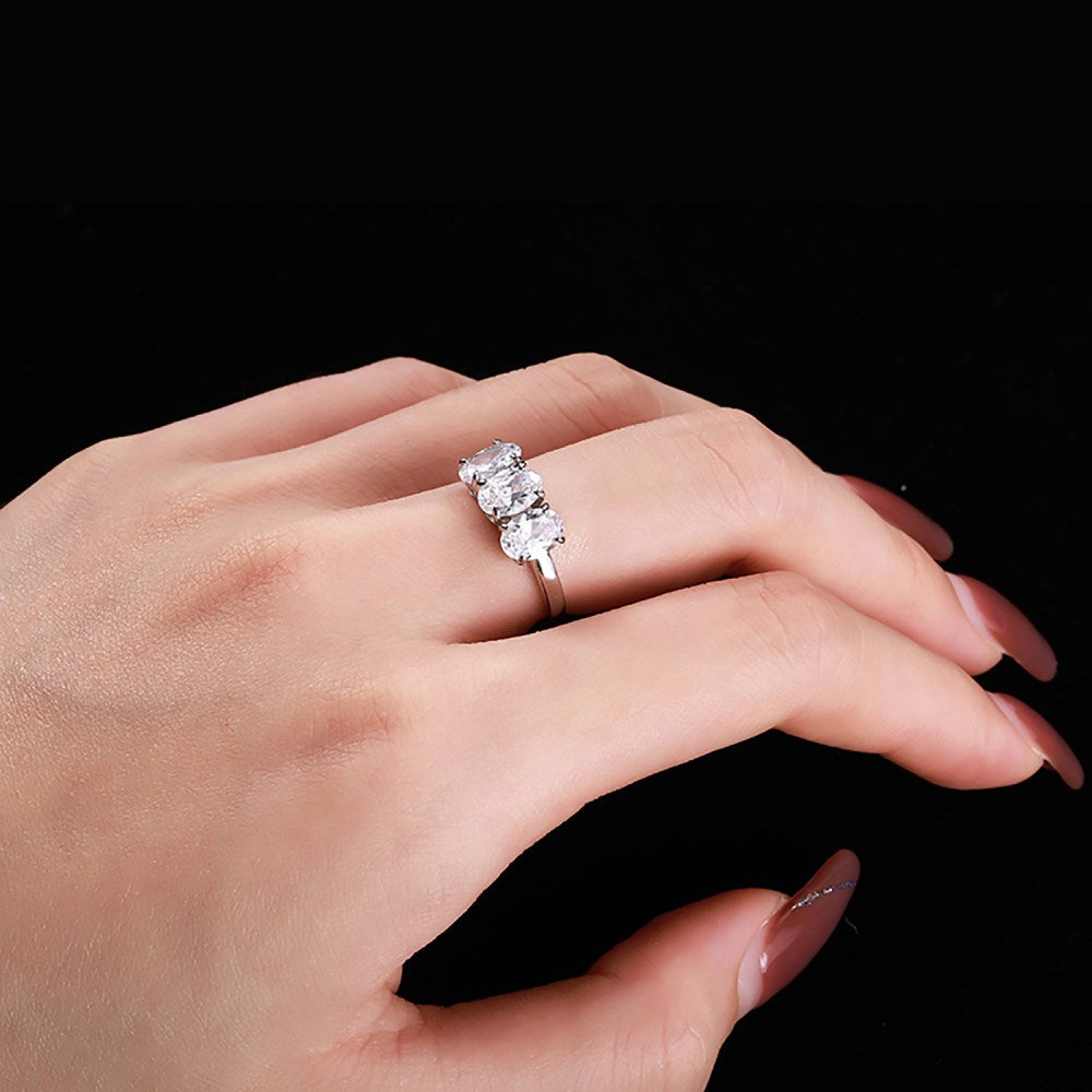 Silver Zircon Oval Cut Inlaid Three Stone Ring