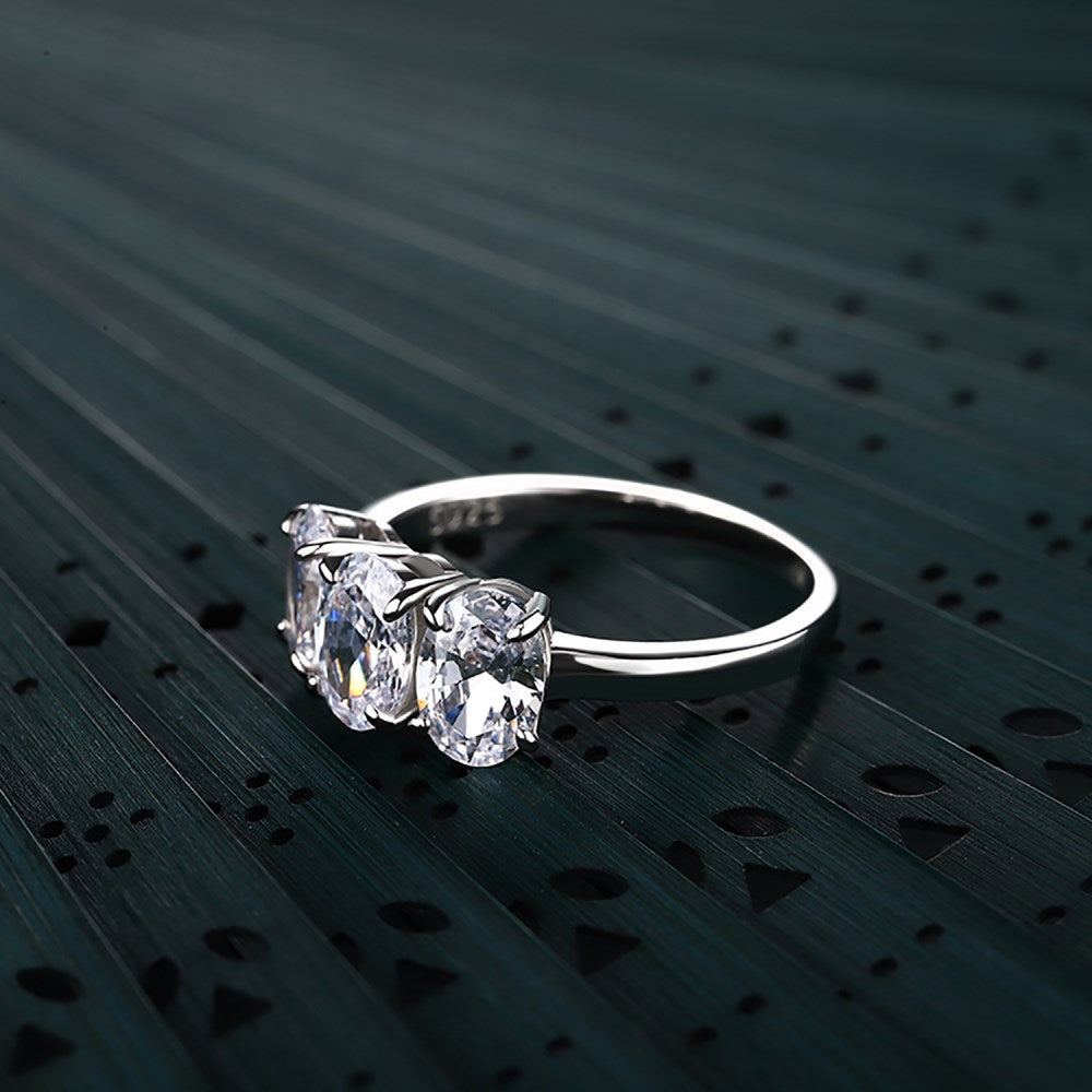 Silver Zircon Oval Cut Inlaid Three Stone Ring