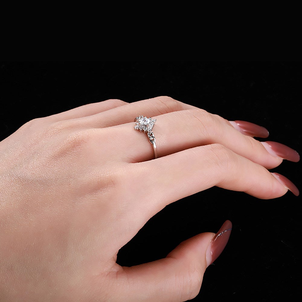 Silver Zircon Princess Cut Iced Flower Halo Ring