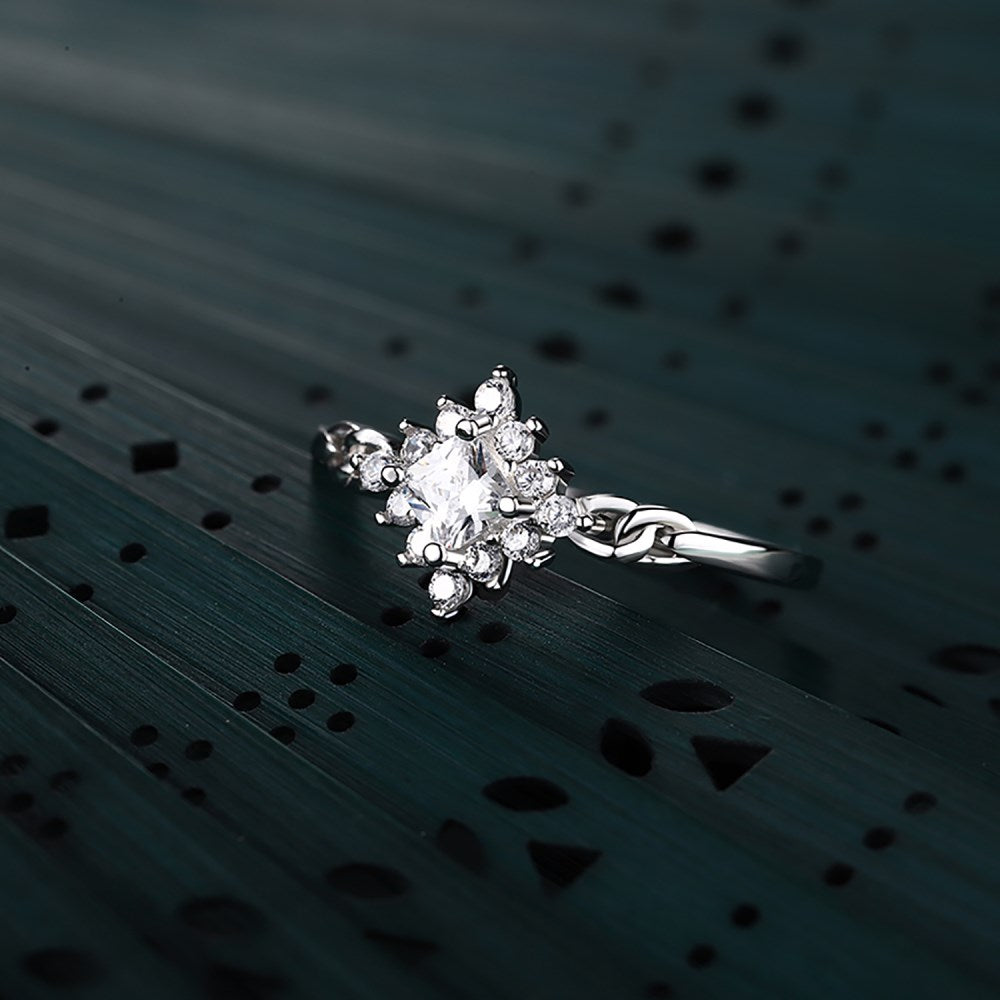 Silver Zircon Princess Cut Iced Flower Halo Ring