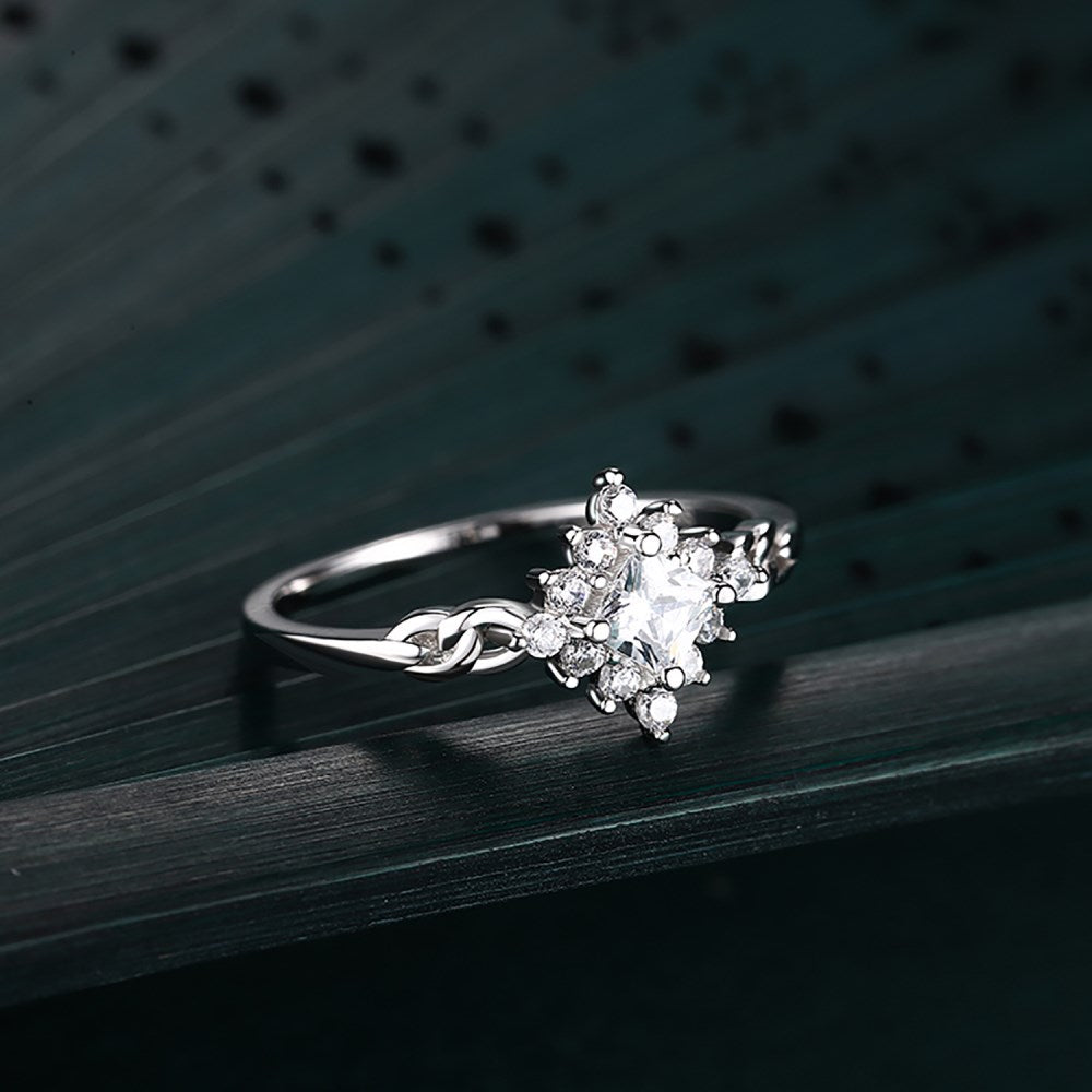 Silver Zircon Princess Cut Iced Flower Halo Ring