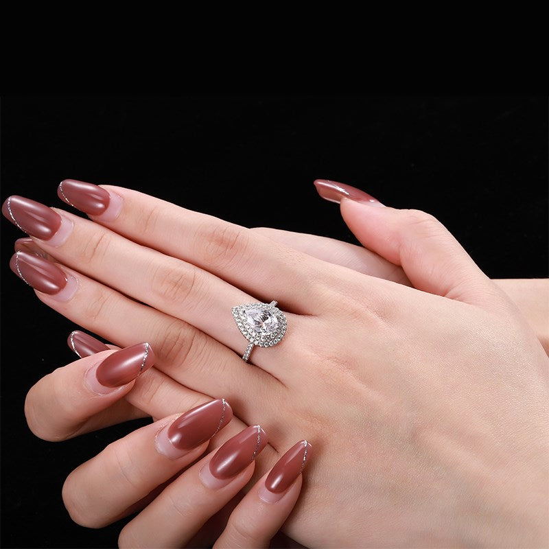 Silver Zircon Pear Cut Iced Tear Halo Ring