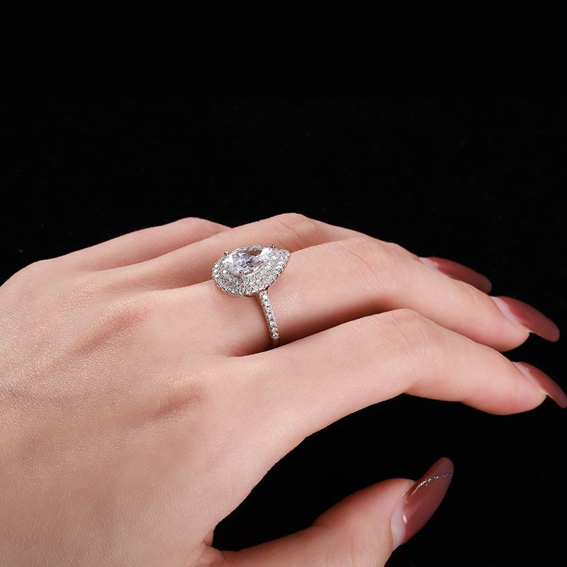 Silver Zircon Pear Cut Iced Tear Halo Ring