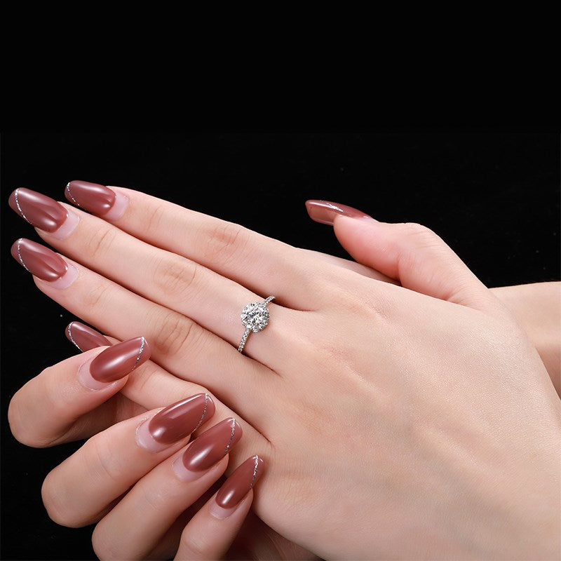 Silver Zircon Round Cut Inlaid Flower Halo Ring