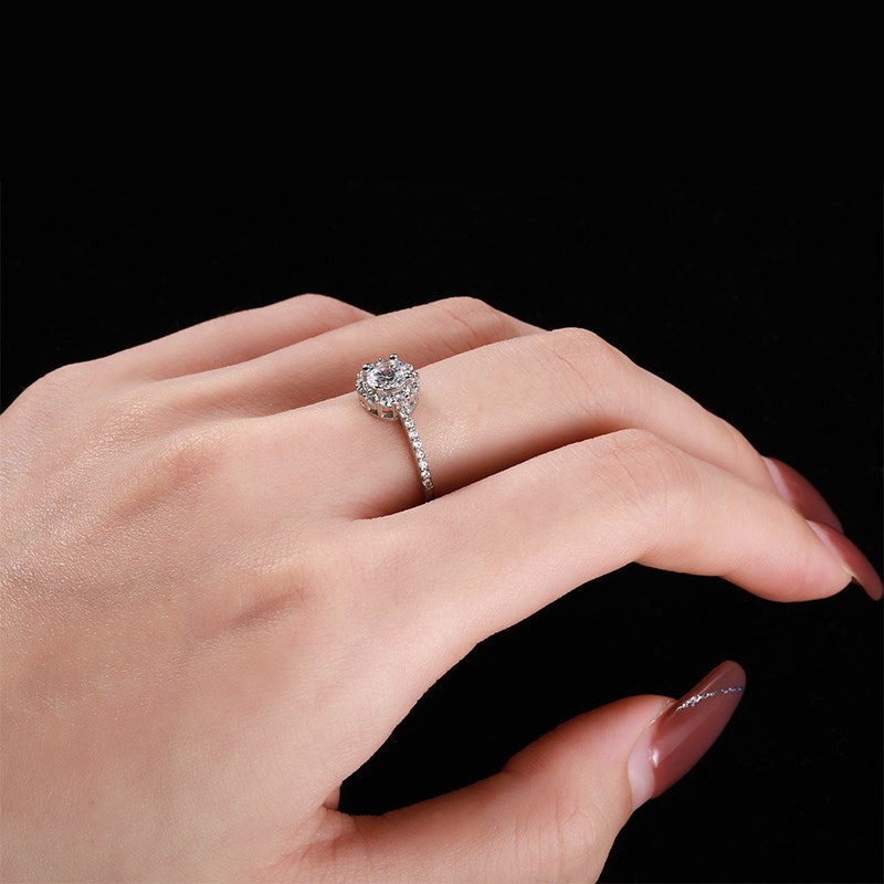 Silver Zircon Round Cut Inlaid Flower Halo Ring