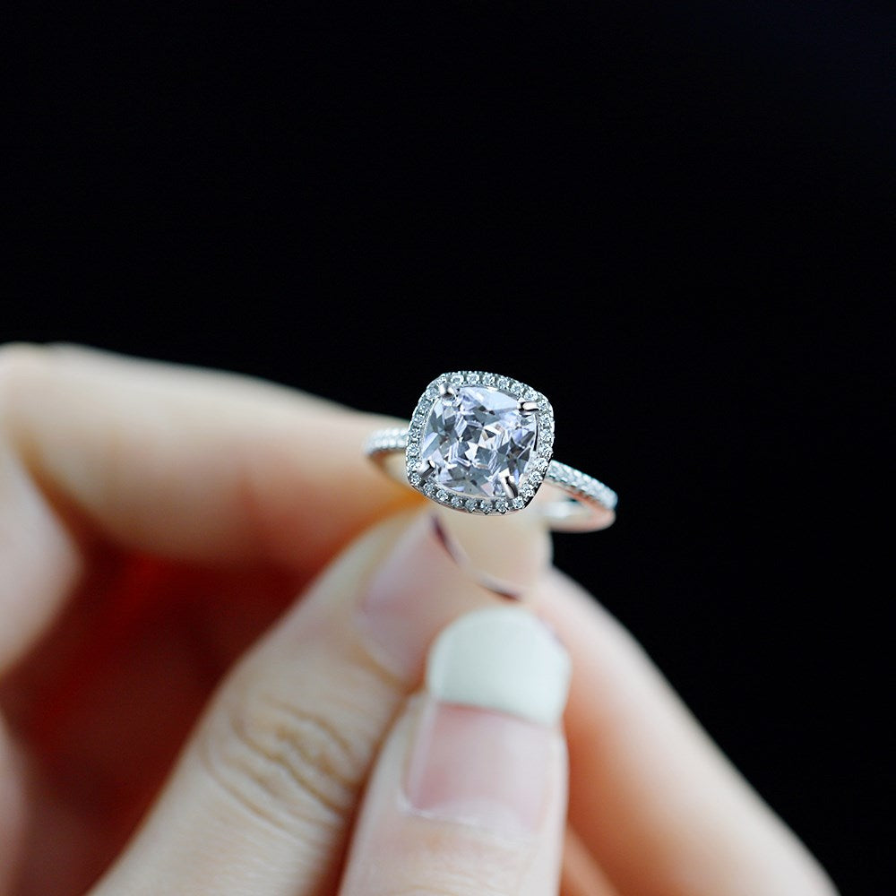 Silver Zircon Cushion Square Cut Inlaid Halo Ring